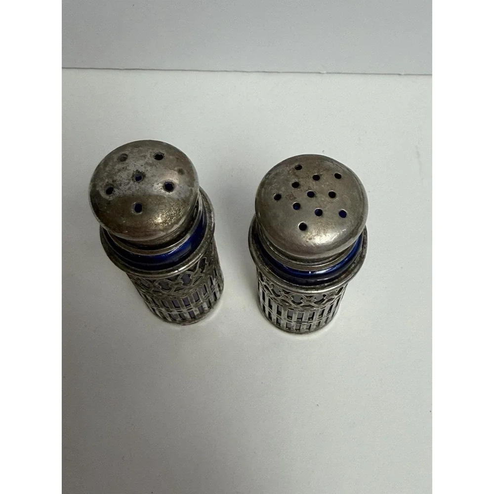 Cobalt Blue Glass‎ Silver Plate Salt Pepper Shakers Two Sets, Vintage